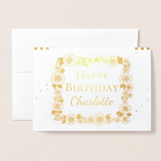 Eleganter Floral Frame Happy Birthday Real Gold Folienkarte (Vorderseite mit Umschlag)