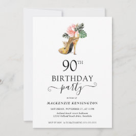 Eleganter Floral Gold High Heels 90. Geburtstag Einladung