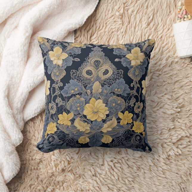 Eleganter Floral Lace-Effect Gelb und Blau Kissen (Decke)