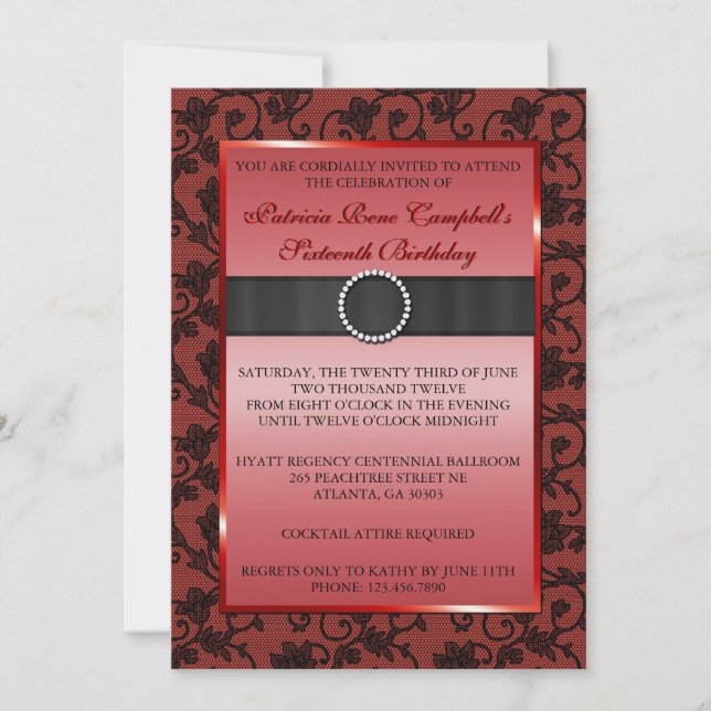 Eleganter Floral Lace Invite [Rot] Einladung (Vorderseite)