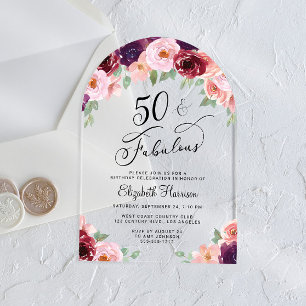 Eleganter Floral Watercolor 50. Geburtstagsparty A Acryleinladungen