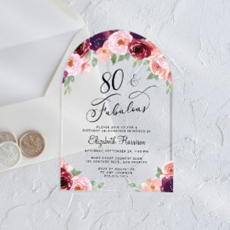 Eleganter Floral Watercolor 80. Geburtstagsparty A Acryleinladungen