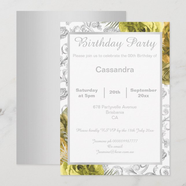 ELEGANTER FLORAL YELLOW SILVER GRENZE GEBURTSTAG EINLADUNG (Vorne/Hinten)