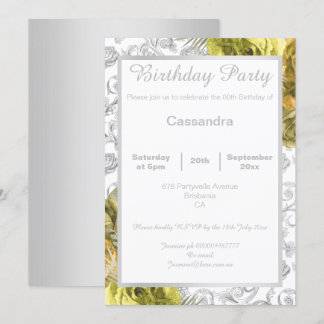 ELEGANTER FLORAL YELLOW SILVER GRENZE GEBURTSTAG EINLADUNG
