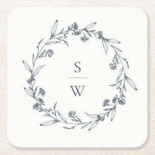 Eleganter florale Lorbeerkranz-Monogramm-Hochzeit Rechteckiger Pappuntersetzer