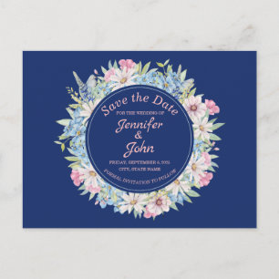 Eleganter floraler Kranz Blau Hochzeit Termin vorm Ankündigungspostkarte