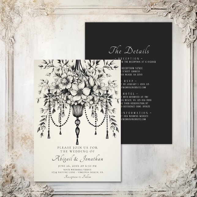 Eleganter, floraler Kronleuchter auf einer Hochzei Einladung (Elegant Floral Chandelier All in One Wedding Invitation)