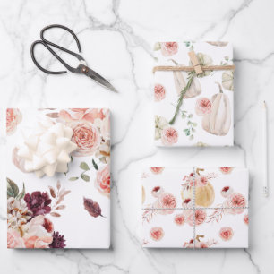Eleganter floraler Kürbis-Wasserfarben-Dreierpack Geschenkpapier Set