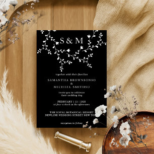 Eleganter floraler Monogramm-Rahmen in Schwarz-wei Einladung