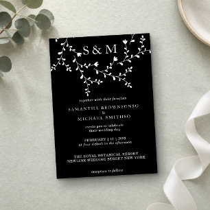 Eleganter floraler Monogrammrahmen in Schwarzweiß Einladung