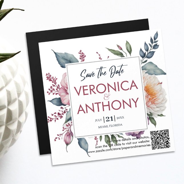 Eleganter, floraler QR-Save the Date Hochzeit Magneteinladung (Save the Date magnetic card with a QR code. Your guests can easily check your wedding details online)