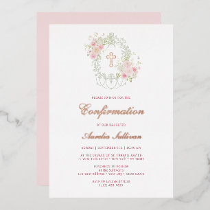 Eleganter floraler Rahmen Heiliges Kreuz Konfirmat Folieneinladung