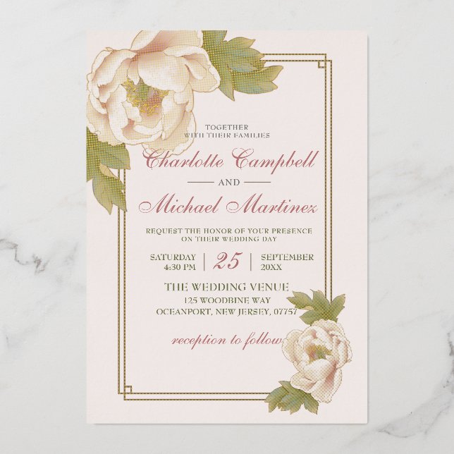 Eleganter floraler, sanfter Pink-Peonies-Einladung Folieneinladung (Vorderseite)