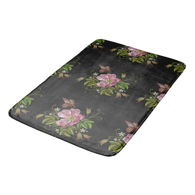 Eleganter floraler Stickereimuster Schwarzer Hinte Badematte (Schrägansicht)