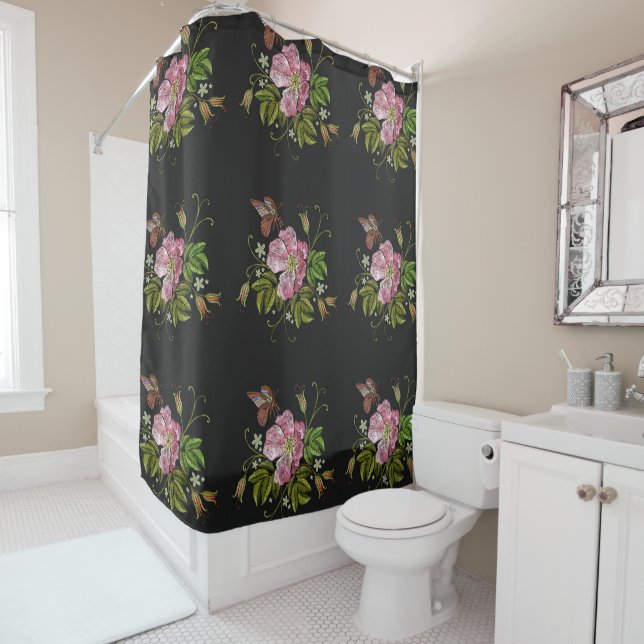 Eleganter floraler Stickereimuster Schwarzer Hinte Duschvorhang (Beispiel)