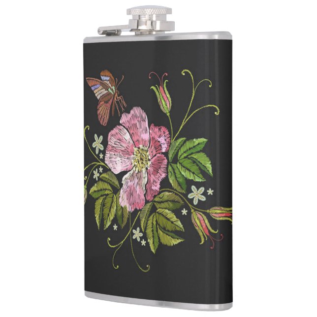 Eleganter floraler Stickereimuster Schwarzer Hinte Flachmann (Links)