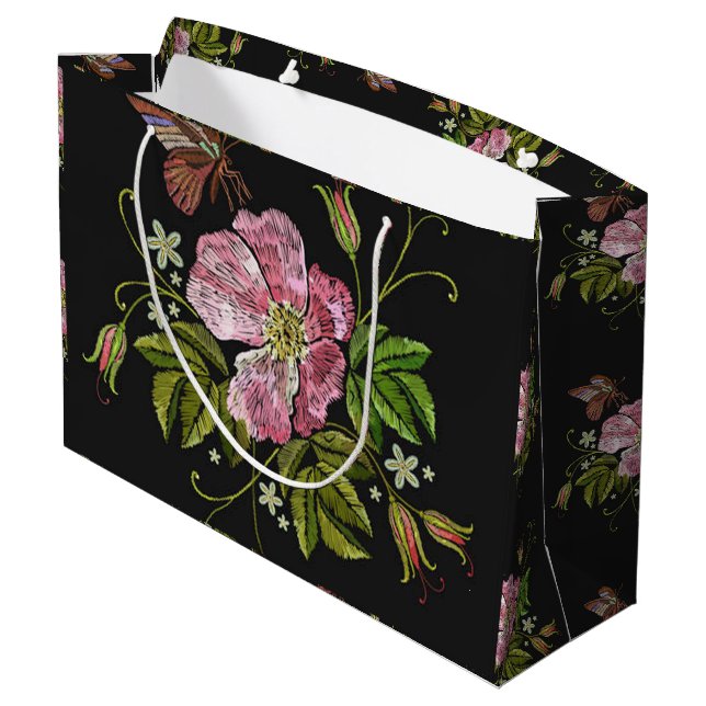Eleganter floraler Stickereimuster Schwarzer Hinte Große Geschenktüte (Rückseite Schrägansicht)