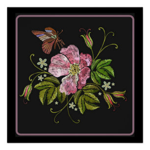 Eleganter floraler Stickereimuster Schwarzer Hinte Poster