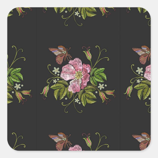 Eleganter floraler Stickereimuster Schwarzer Hinte Quadratischer Aufkleber (Vorderseite)