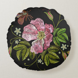 Eleganter floraler Stickereimuster Schwarzer Hinte Rundes Kissen