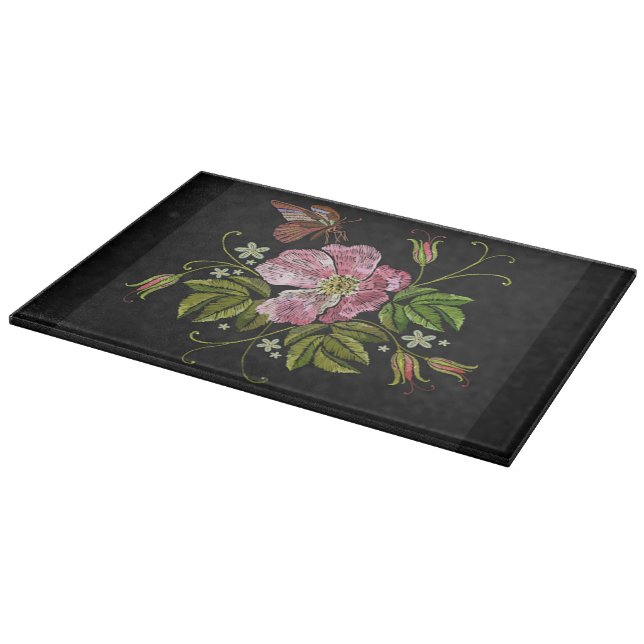 Eleganter floraler Stickereimuster Schwarzer Hinte Schneidebrett (Ecke)