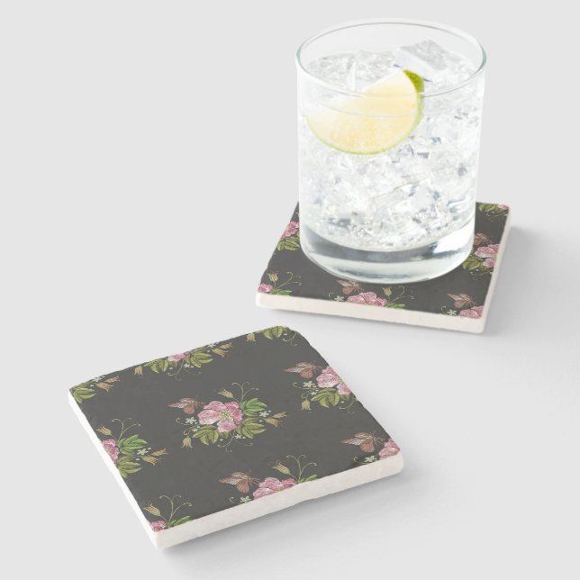 Eleganter floraler Stickereimuster Schwarzer Hinte Steinuntersetzer (Seitenansicht)