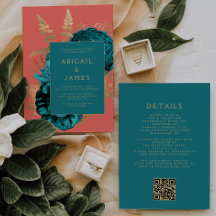 Eleganter floraler teal-goldener Korallen QR-Code 
