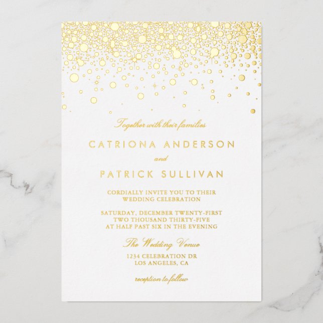 Eleganter Foil gepresste Confetti Dots Wedding Folieneinladung (Vorderseite)