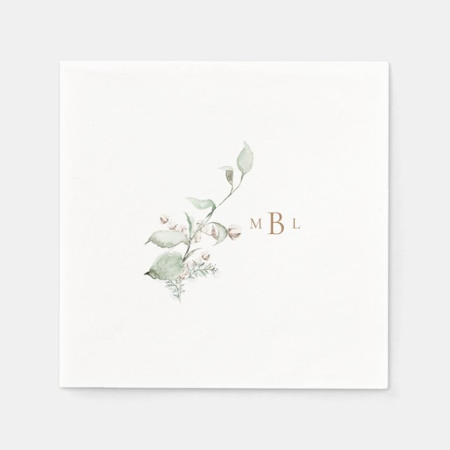 Eleganter Foliage & Cotton Monogram Wedding Cockta Serviette (Vorderseite)