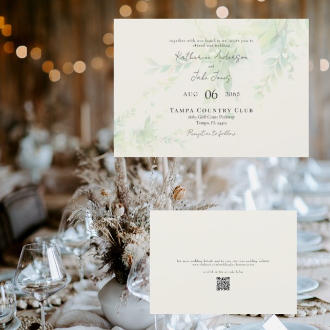 Eleganter Foliage Cream QR Code Horizontal Wedding Einladung (Von Creator hochgeladen)