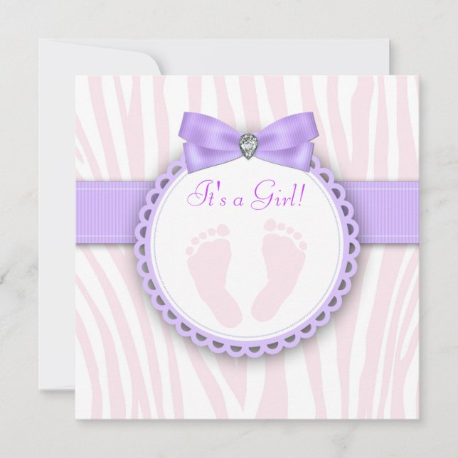 Eleganter Footprint Rosa und Lila Babydusche Einladung (Vorderseite)