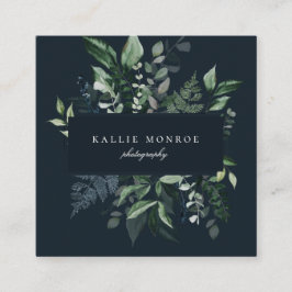 Eleganter Forest Foliage Frame Dunkelblau Quadratische Visitenkarte