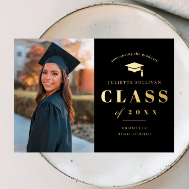 Eleganter Foto-Abschluss Folieneinladung (Elegant Gold and Black Foil Photo Graduation Announcement Invitations.)