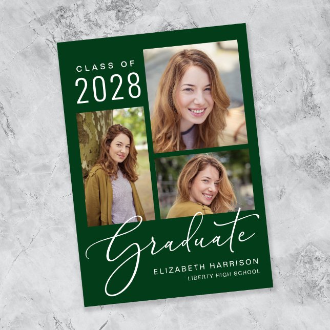 Eleganter Foto Collage Green Abschluss Ankündigung (An elegant photo collage graduation announcement to celebrate the graduate's achievements)