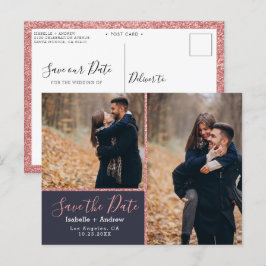 Eleganter Foto Navy Blue Rose Glitzer Save the Dat Ankündigungspostkarte