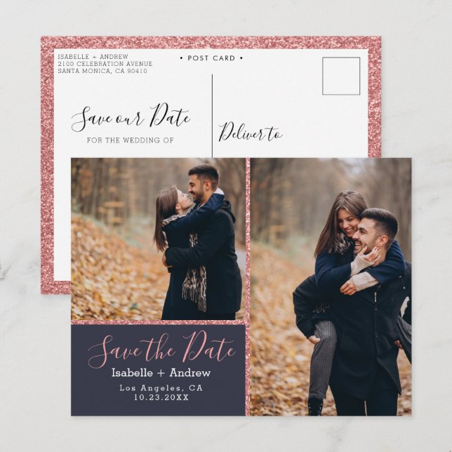 Eleganter Foto Navy Blue Rose Glitzer Save the Dat Ankündigungspostkarte (Vorne/Hinten)