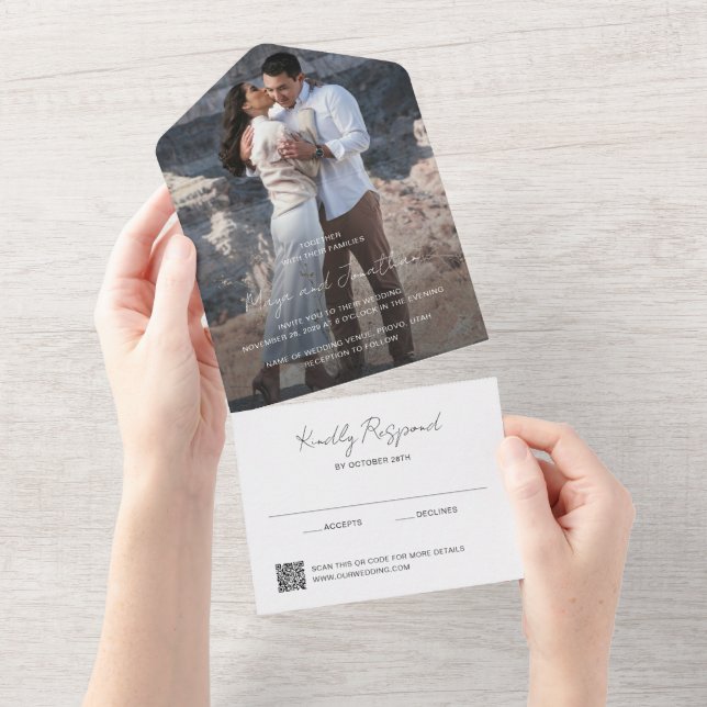 Eleganter Foto-QR-Code Moderne Hochzeit All In One Einladung (Abreißtisch)