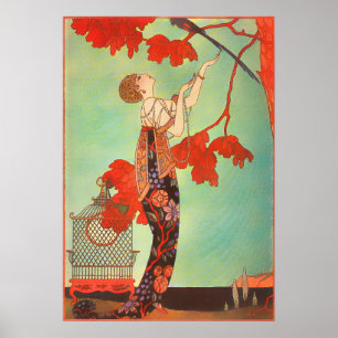 Eleganter französischer Jugendstil Papageien Vogel Poster