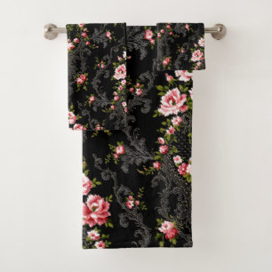 Eleganter französischer Rokoko Floral-Black Hinte Badhandtuch Set