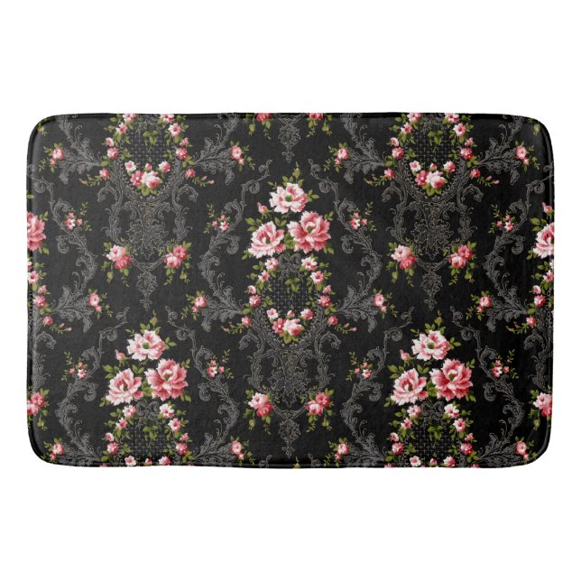 Eleganter französischer Rokoko floral-schwarzer Hi Badematte (Vorderseite)
