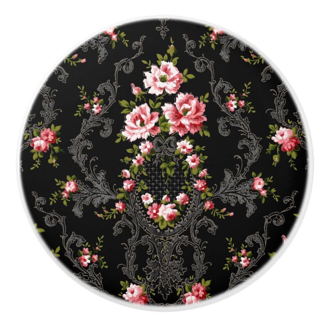 Eleganter französischer Rokoko floral-schwarzer Hi Keramikknauf (Vorderseite)