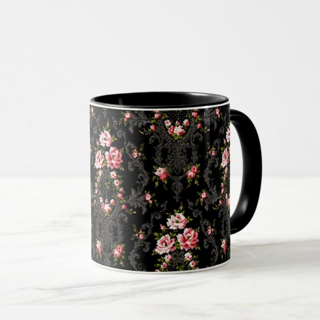Eleganter französischer Rokoko floral-schwarzer Hi Tasse (VorderseiteRechts)