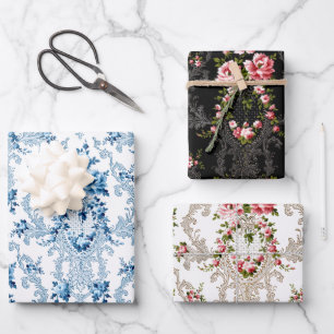 Eleganter französischer Rokoko Floral-White, Black Geschenkpapier Set