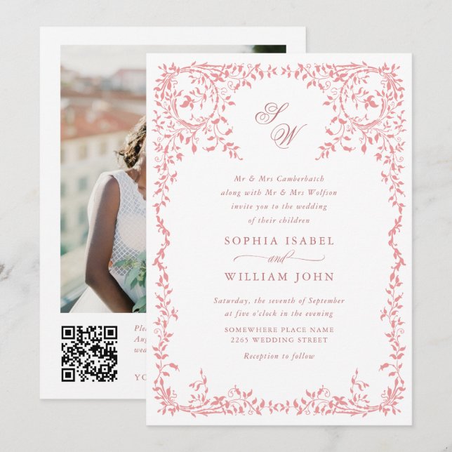 Eleganter französischer Verzierter Blumenrahmen-QR Einladung (Vorne/Hinten)