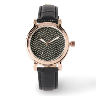 Eleganter Frauenschwarzer Marmor und Gold Zickzack Armbanduhr