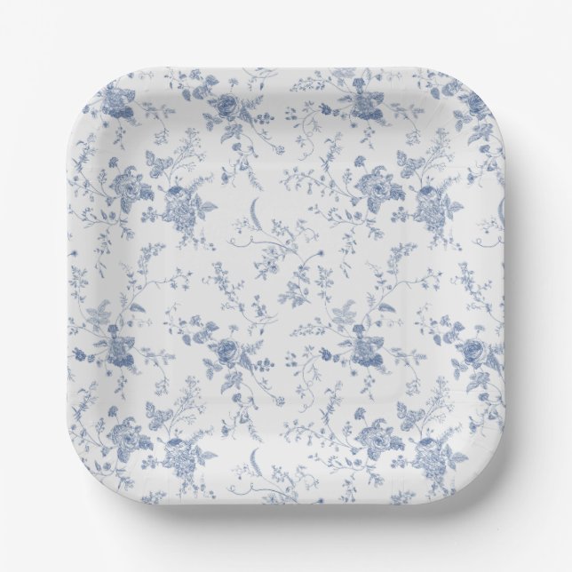 Eleganter French Vintag Blue Floral Jouy Pappteller (Vorderseite)