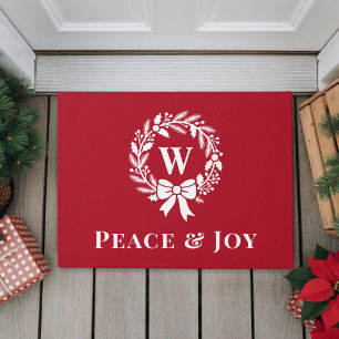 Eleganter Frieden Und Freude Monogramm Roter Weihn Fußmatte