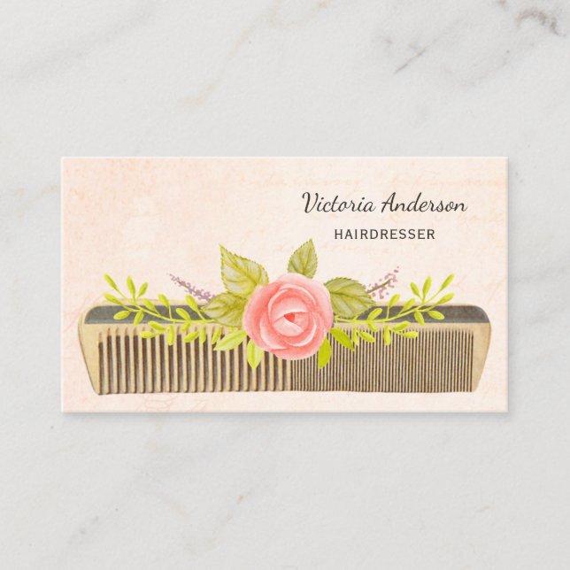 Eleganter Friseur mit Vintagem Comb und Rose Visitenkarte (Vorderseite)