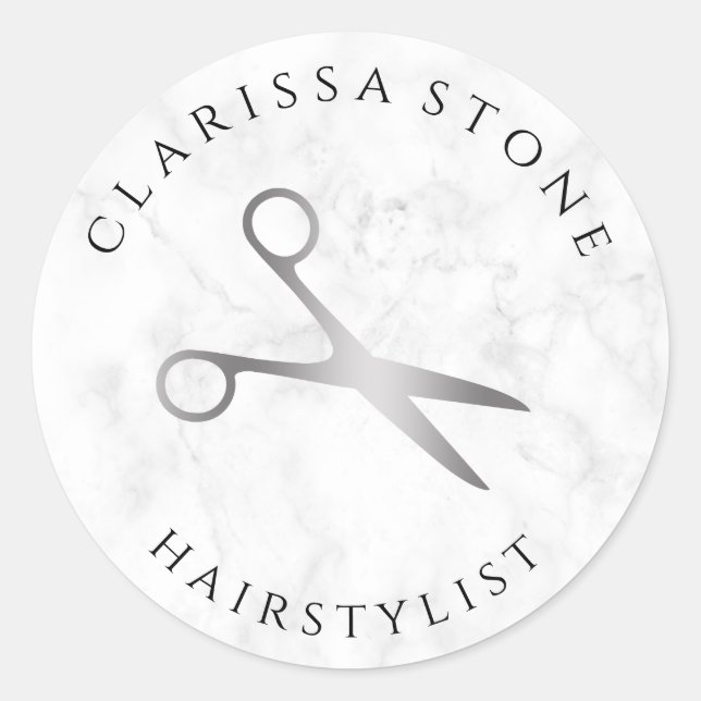 Eleganter Friseursalon aus silberfarbenem und weiß Runder Aufkleber (Vorderseite)