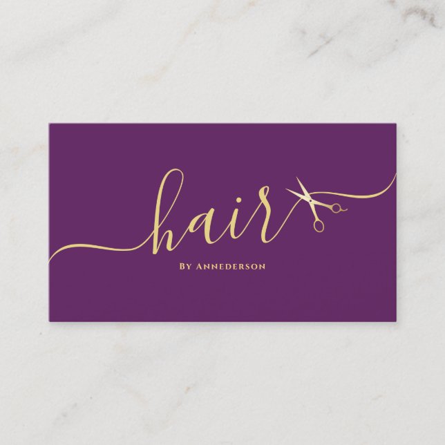Eleganter Friseursalon Script Friseur Lila Visitenkarte (Vorderseite)